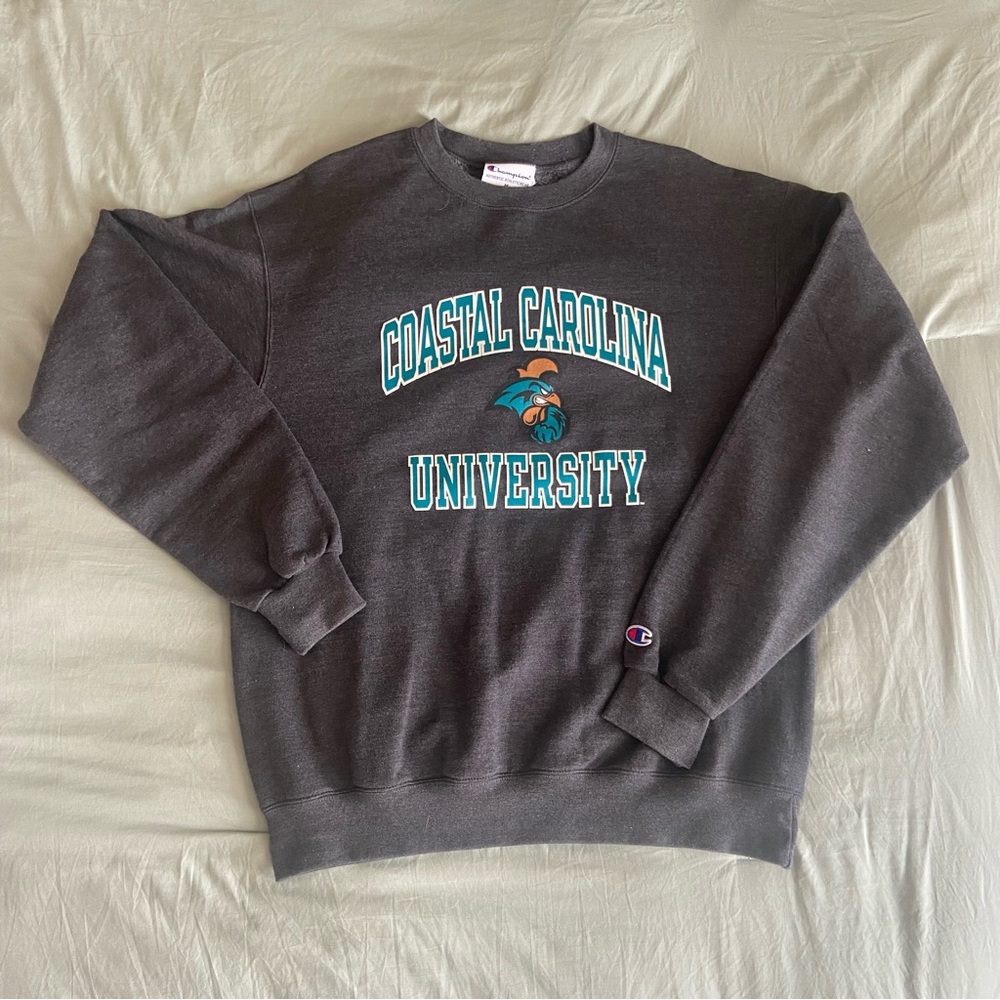 Champion Dark Gray Crewneck with Coastal Carolina Decal, Unisex size M